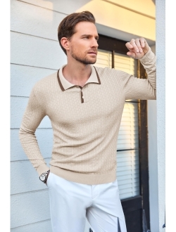 Beotyshow Men's Knit Polo Shirts Long Sleeve Sweater Polo Lightweight Fashion Casual Collared Striped Golf T Shirts