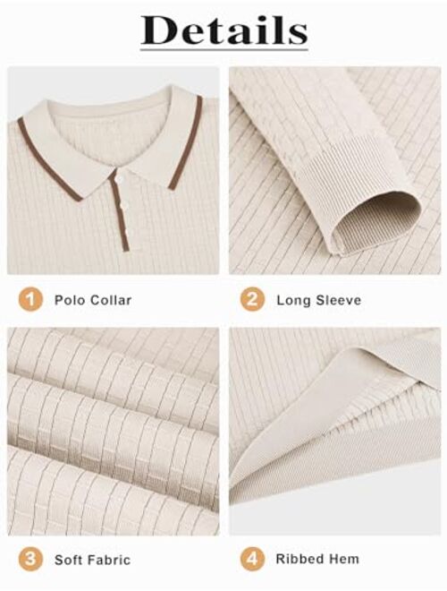 Beotyshow Men's Knit Polo Shirts Long Sleeve Sweater Polo Lightweight Fashion Casual Collared Striped Golf T Shirts