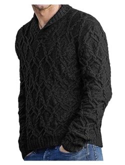 Beotyshow Mens Shawl Collar Pullover Sweaters Slim Fit V Neck Casual Cable Knit Sweater
