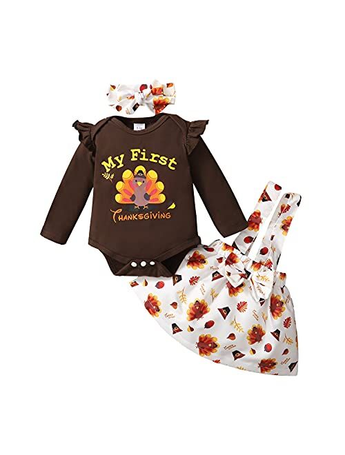 SOBOWO My First Thanksgiving Baby Girl Outfits Newborn Turkey Ruffle Sleeve Romper Suspenders Skirt Set Headband 3Pcs Clothes