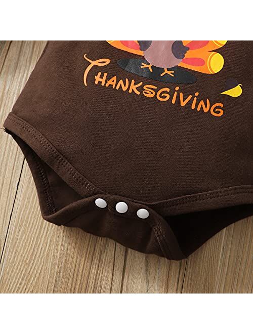 SOBOWO My First Thanksgiving Baby Girl Outfits Newborn Turkey Ruffle Sleeve Romper Suspenders Skirt Set Headband 3Pcs Clothes