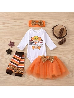 Xfglck Newborn Baby Girl My 1st Thanksgiving Skirt Outfit Letter Print Romper Tutu Skirt Headband Infant Turkey Set
