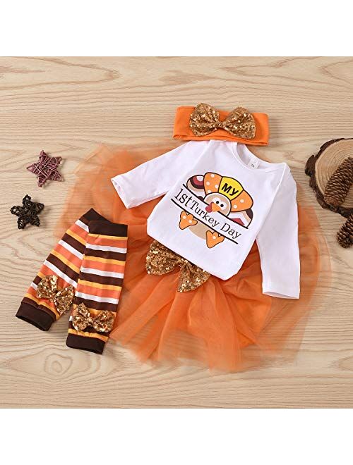 Xfglck Newborn Baby Girl My 1st Thanksgiving Skirt Outfit Letter Print Romper Tutu Skirt Headband Infant Turkey Set