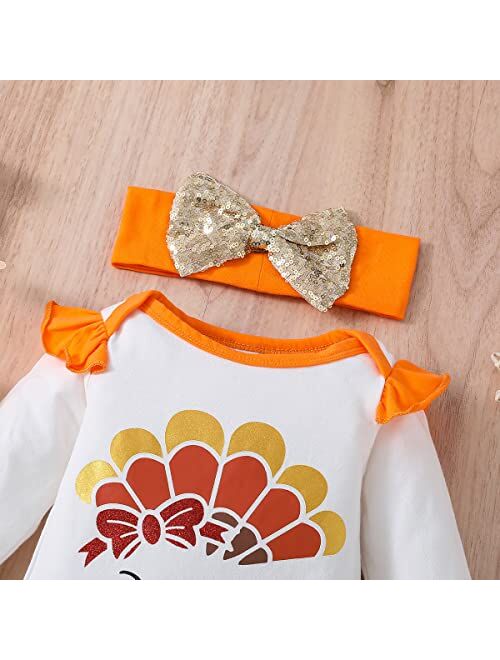 Noubeau Newborn Baby Girl Thanksgiving Outfits Turkey Long Sleeve Romper Tops Tulle Tutu Skirt Bow Headband Leg Warmers