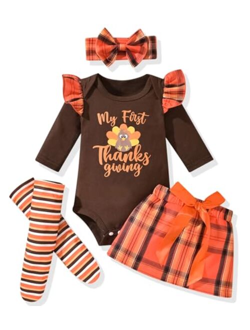 fioukiay My First Thanksgiving Baby Girls Outfit Turkey Romper Bow Short Skirt with Headband Infant Newborn Clothes Set