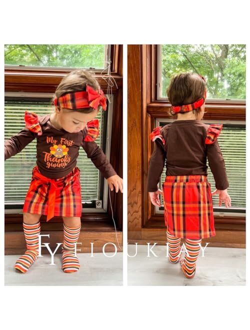 fioukiay My First Thanksgiving Baby Girls Outfit Turkey Romper Bow Short Skirt with Headband Infant Newborn Clothes Set