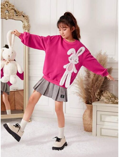 SHEIN Tween Girl Rabbit Patched Drop Shoulder Thermal Pullover