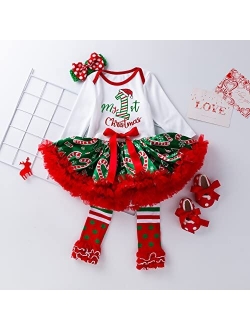 Kunyeah Baby Girls First Christmas Outfit Newborn Romper Tutu Dress Infant Sequin Xmas Skirt with Shoes Headband Leg Warmer