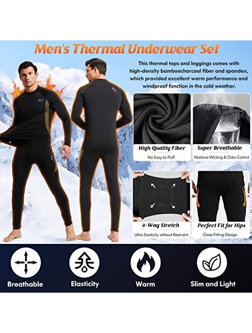 romision Thermal Underwear for Men, Long Johns Set with Fleece Lined, Winter Hunting Gear Warm Base Layer Sport Top & Bottom
