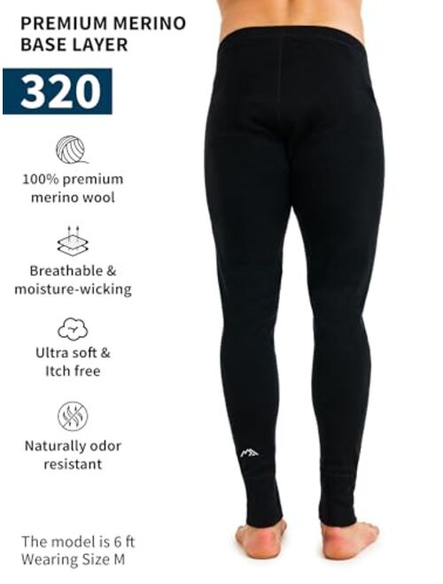 Merino.Tech Merino Wool Base Layer Mens Bottom Pants 100% Merino Wool Thermal Underwear Long Johns Light, Mid, Heavyweight + Wool Socks