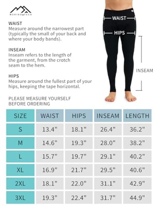 Merino.Tech Merino Wool Base Layer Mens Bottom Pants 100% Merino Wool Thermal Underwear Long Johns Light, Mid, Heavyweight + Wool Socks