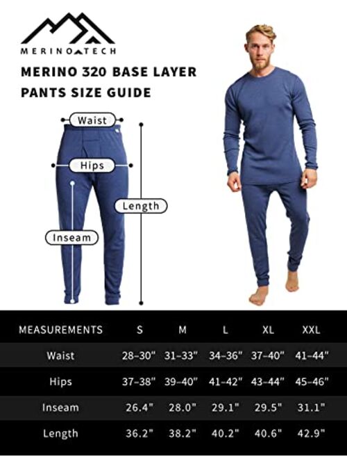 Merino.Tech Merino Wool Base Layer Mens Bottom Pants 100% Merino Wool Thermal Underwear Long Johns Light, Mid, Heavyweight + Wool Socks