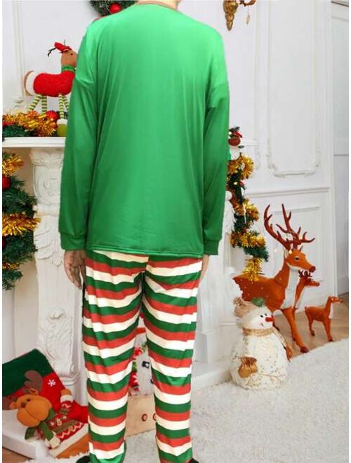 Shein Men Christmas Print Tee & Striped Pants PJ Set for Christmas