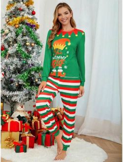 Christmas Print Tee & Striped Pants PJ Set for Christmas