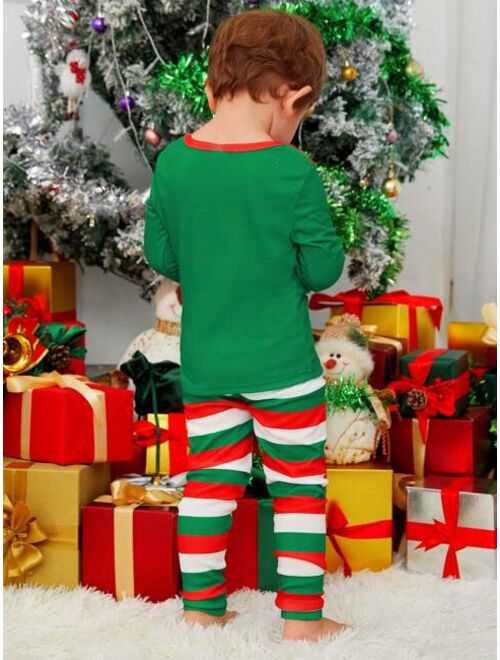 Shein Young Boy Striped & Christmas Print PJ Set