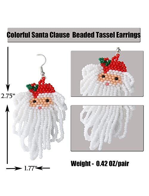 Uniqfavor Colorful Santa Beaded Earrings Vivid Beaded Christmas Earrings, Xmas Santa Clause Earrings w/Bead Tassel, Best Idea for Women, girls, Christmas, New Year