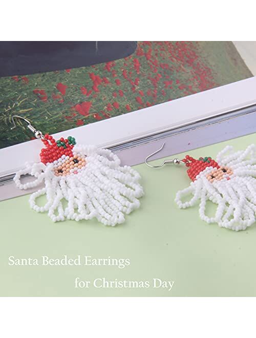 Uniqfavor Colorful Santa Beaded Earrings Vivid Beaded Christmas Earrings, Xmas Santa Clause Earrings w/Bead Tassel, Best Idea for Women, girls, Christmas, New Year