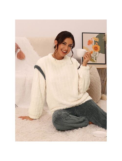 cheibear Womens Pajamas Sets Fluffy 2 Piece Fleece Pullover Tops Pants Loose Winter Sleepwear