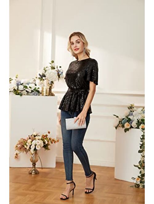 GRACE KARIN Women Sequin Party Cocktails Tops Short Sleeve Crew Neck Elastic Tie Waist Peplum Blouses