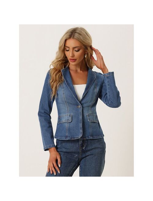 allegra k Lapel Collar Jean Jacket For Women's Long Sleeve One Button Work Denim Blazer