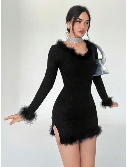SHEIN Prive Fuzzy Trim Bodycon Sweater Dress