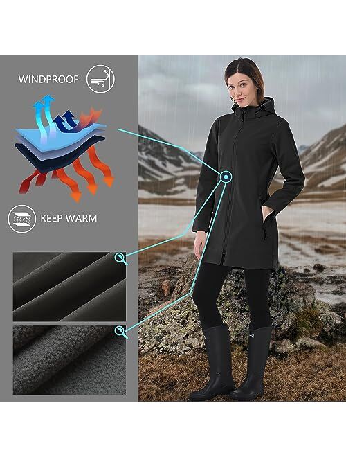 Outdoor Ventures Women's Softshell Jacket with Removable Hood Fleece Lined Windbreaker Insulated Long Warm Rain Jacket