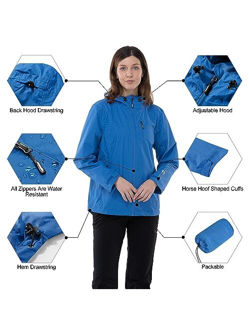 Outdoor Ventures Packable Rain Jacket Women Lightweight Waterproof Raincoat with Hood Cycling Bike Jacket Windbreaker