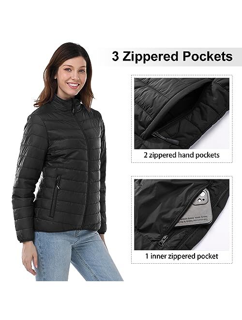 Outdoor Ventures Women's Packable Full-Zip Short Puffer Jacket Insulated Quilted Warm Lightweight Winter Coat