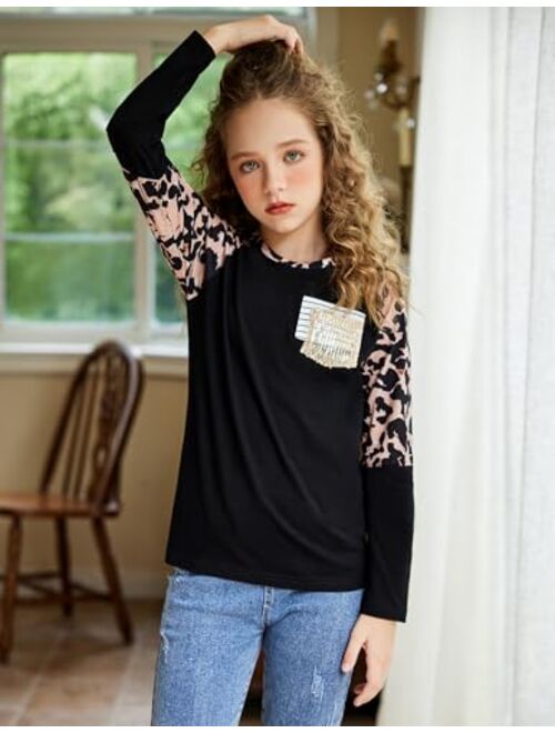 Arshiner Girls Color Block Sweatshirts Long Sleeve Shirts for Girl Leopard Print Kids Girls Pullover Tops with Fashion Pocket