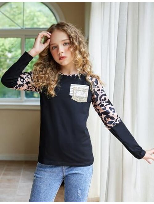 Arshiner Girls Color Block Sweatshirts Long Sleeve Shirts for Girl Leopard Print Kids Girls Pullover Tops with Fashion Pocket