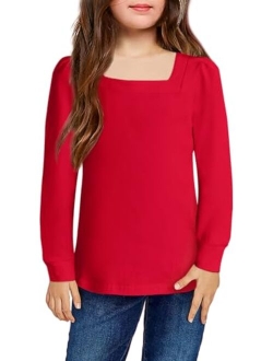 Girls Shirt Casual Square Neck Long Sleeve Shirts Fall Winter Tunic Tops for Girls 5-12 Years