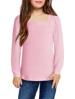 Girls Shirt Casual Square Neck Long Sleeve Shirts Fall Winter Tunic Tops for Girls 5-12 Years
