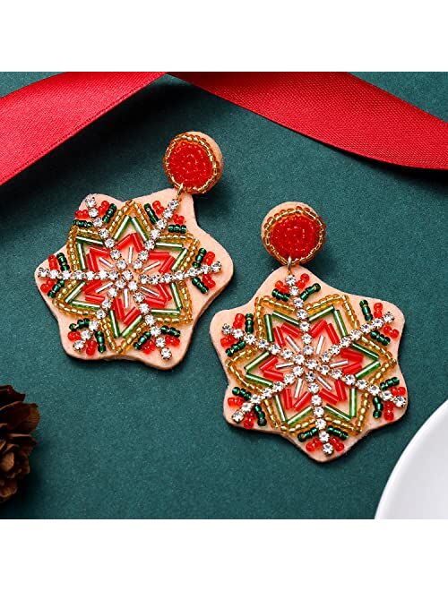 NVENF Christmas Beaded Snowflake Earrings for Women Girls Holiday Rhinestone Snowflake Drop Dangle Earrings Festive Xmas Jewelry Gifts