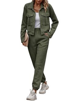 Womens 2023 Fall 2 Piece Outfits Tracksuit Long Sleeve Button Down Shacket Jacket Pockets Long Pants Casual Set