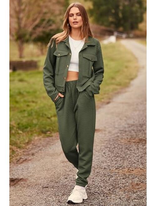 PRETTYGARDEN Womens 2023 Fall 2 Piece Outfits Tracksuit Long Sleeve Button Down Shacket Jacket Pockets Long Pants Casual Set