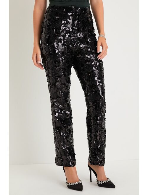 Lulus Glittery Charm Black Sequin High Rise Trouser Pants