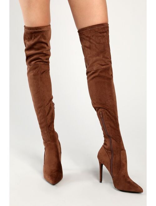 Lulus Natiee Taupe Suede Pointed-Toe Over-the-Knee Boots