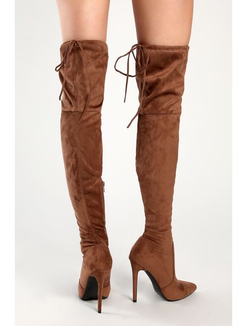 Lulus Natiee Taupe Suede Pointed-Toe Over-the-Knee Boots