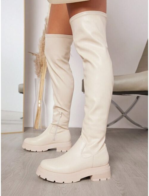 Shein Faux Leather Over The Knee Lug Sole Boots