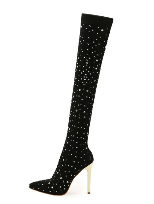 Shein Women Bling Rhinestone Decor Point Toe Stiletto Heeled High-Tight Boots
