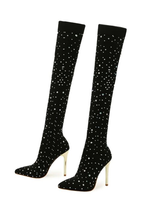 Shein Women Bling Rhinestone Decor Point Toe Stiletto Heeled High-Tight Boots