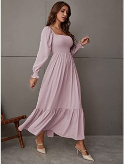 Women's Square Neck Flounce Shirred Ruffle Hem Elegant Long Sleeve Maxi Dress