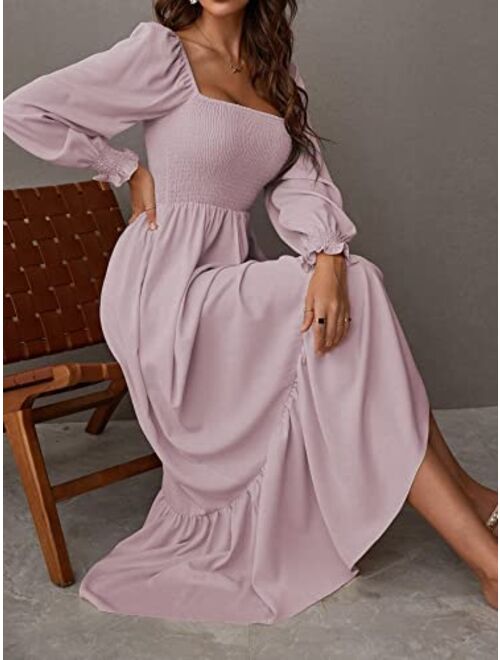 WDIRARA Women's Square Neck Flounce Shirred Ruffle Hem Elegant Long Sleeve Maxi Dress