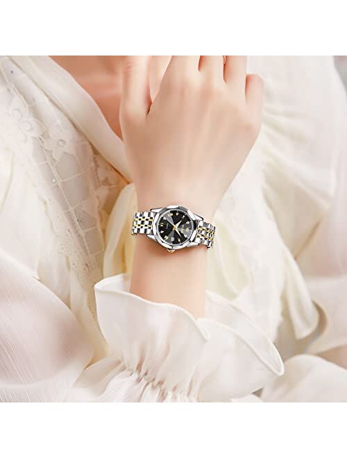 OLEVS Silver Watch for Women Analog Quartz Diamond Fashion Elegant Dress Ladies Watch Stainless Steel Two Tone Day Date Wrist Watches Waterproof Luminous