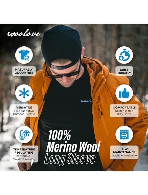 Woolove100% Merino Wool Base Layer - Men's Long Sleeve Crew Neck Shirt 190g - Midweight, Odor Resistant, Thermal