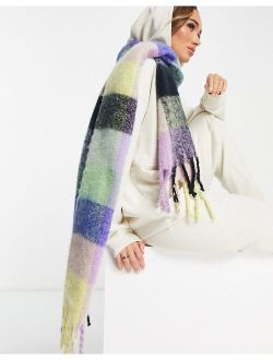 fluffy tassel scarf in pastel and bright check