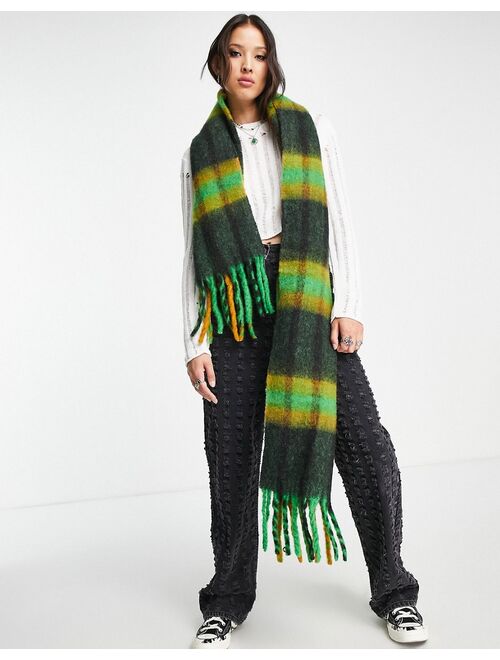 ASOS DESIGN fluffy wool mix tassel scarf in mustard & green check
