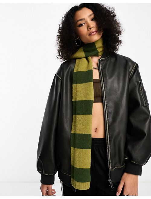 ASOS DESIGN stripe skinny knitted scarf in khaki