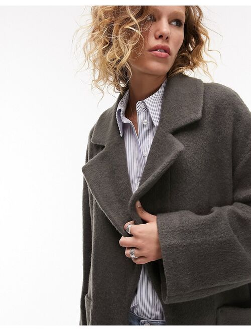 Topshop brushed chuck-on coat with patch pockets in charcoal
