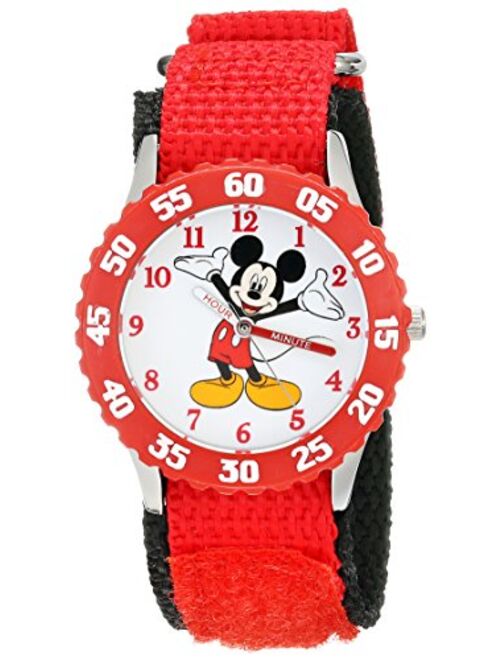 Disney Kids' W001573 "Time Teacher" Mickey Mouse Stainless Steel Watch with Red Nylon Strap